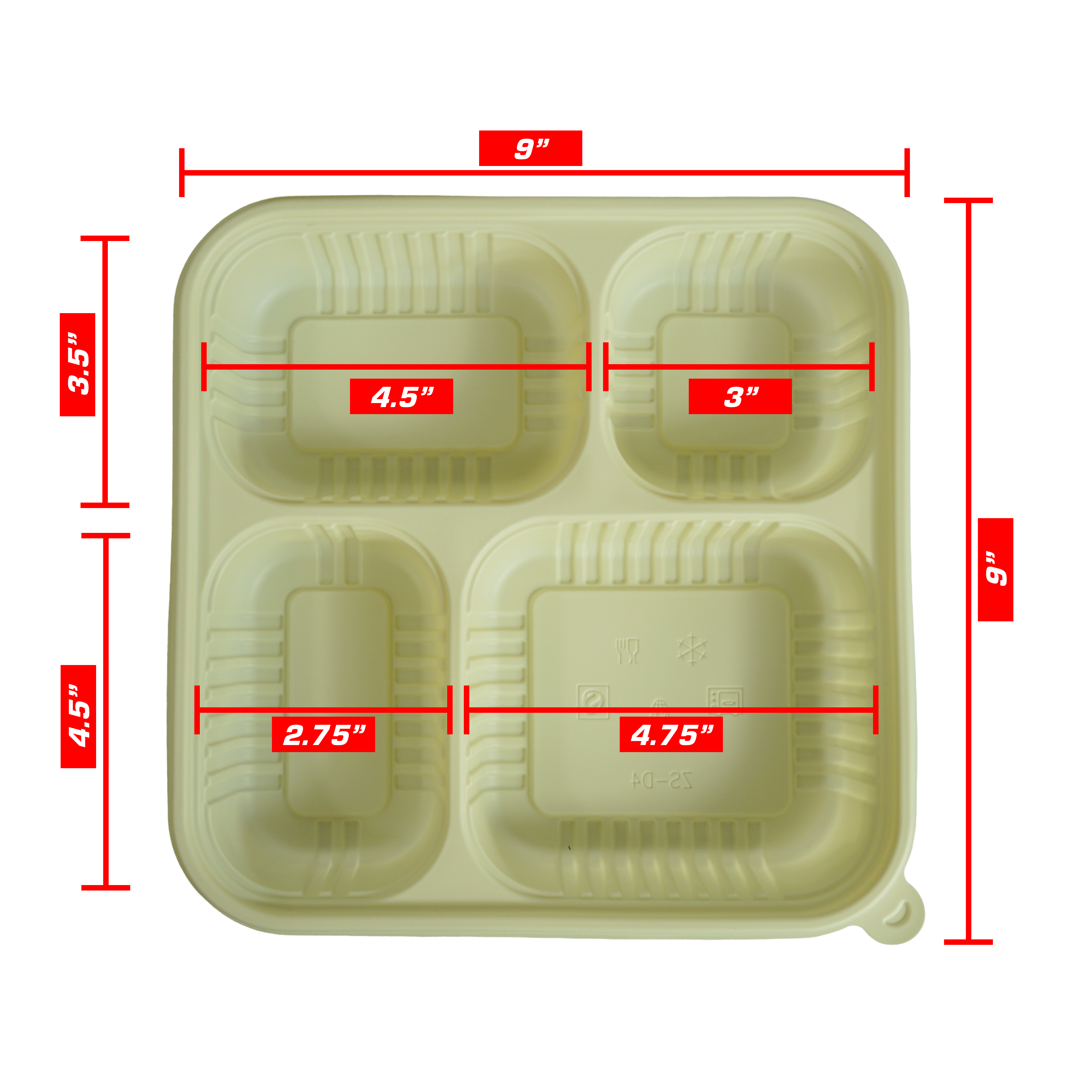 Eco-friendly Togo Box 9.2"×9.2"×1.7" 4 divided bento box 50/100/200pcs E-2